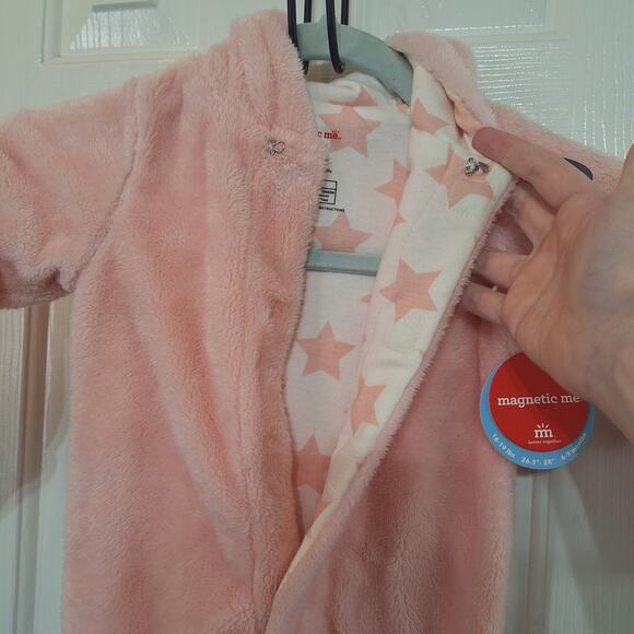 New Magnetic Me Pink Minky Pram Bear Hooded Winter Baby Footie Suit 6-9 Months - Picture 4 of 7